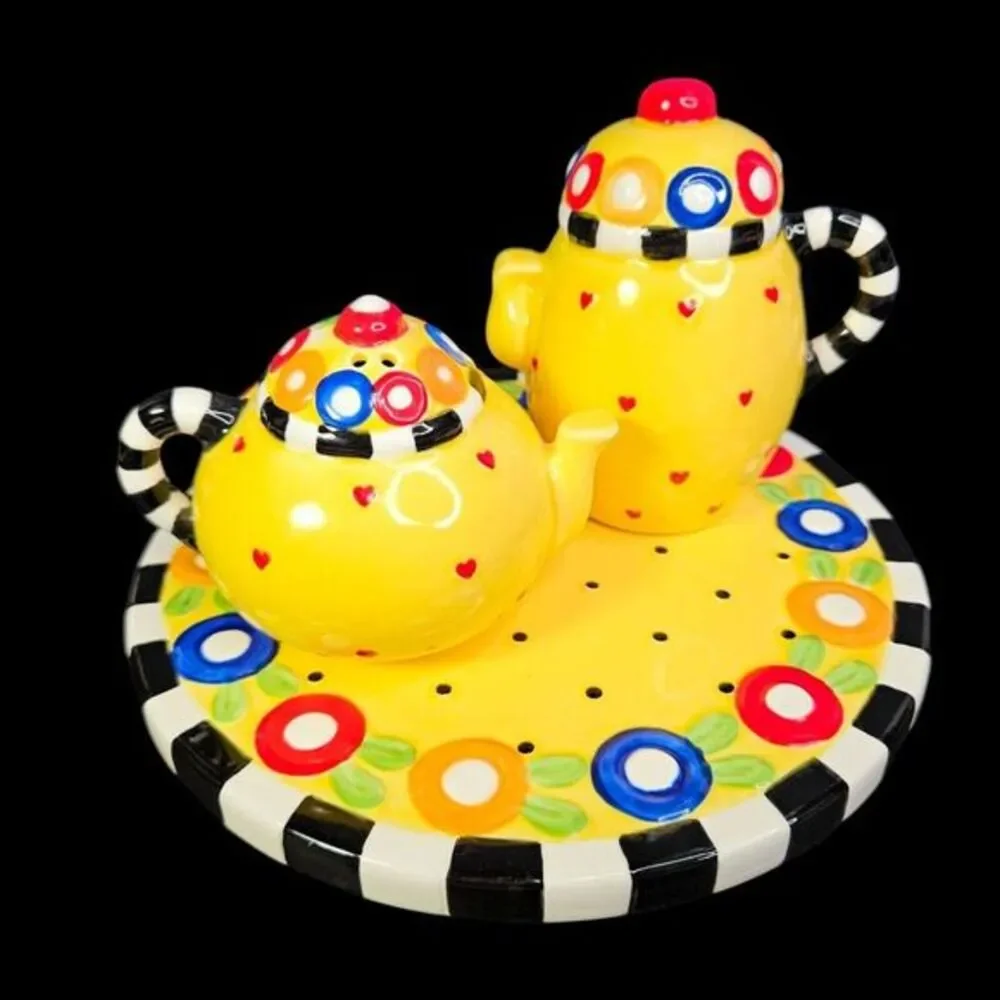 Mary Engelbreit Afternoon Tea Salt Pepper Shakers Tray Set Hand Painted Vtg READ